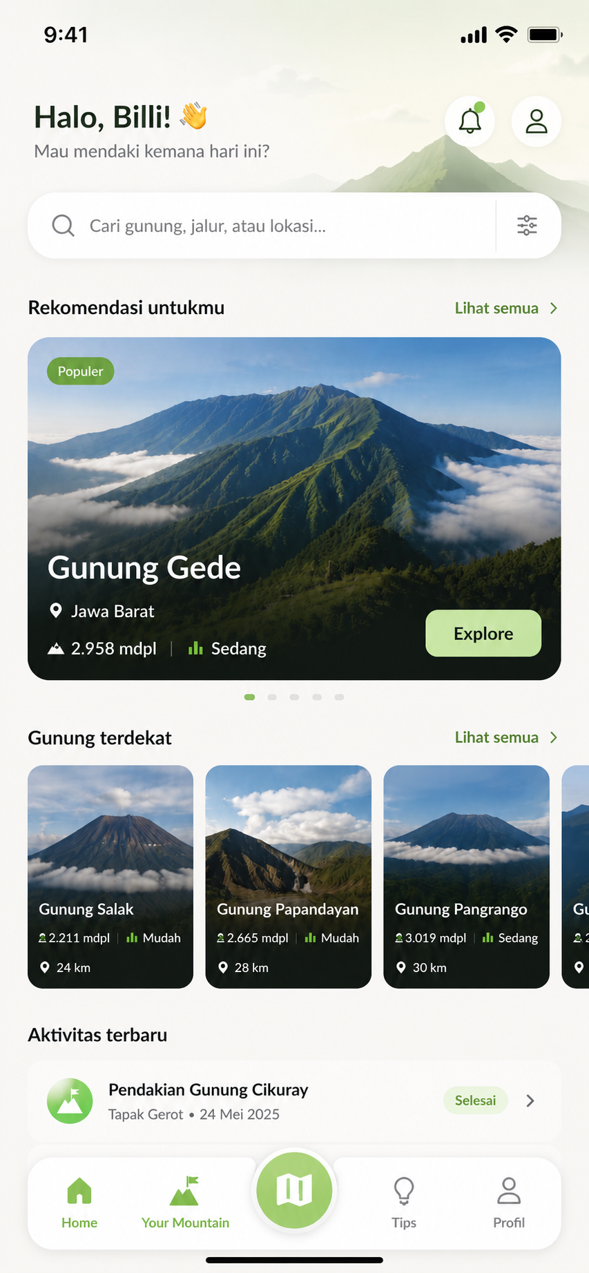 Layar beranda Onsight dengan rekomendasi gunung
