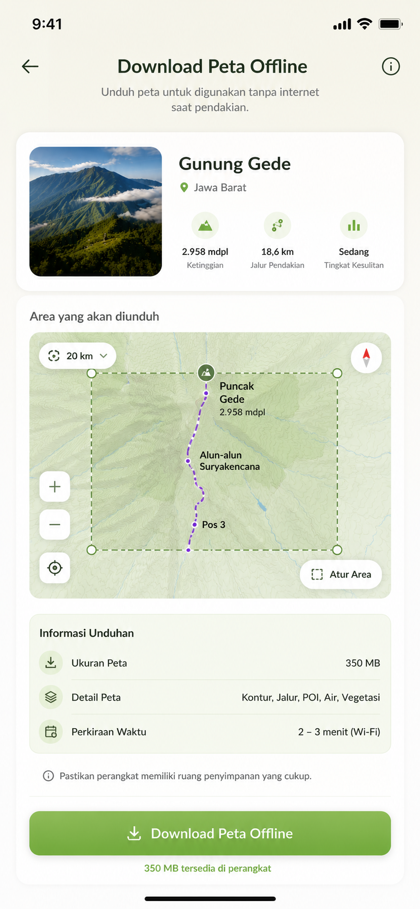 Layar unduh peta offline Gunung Gede
