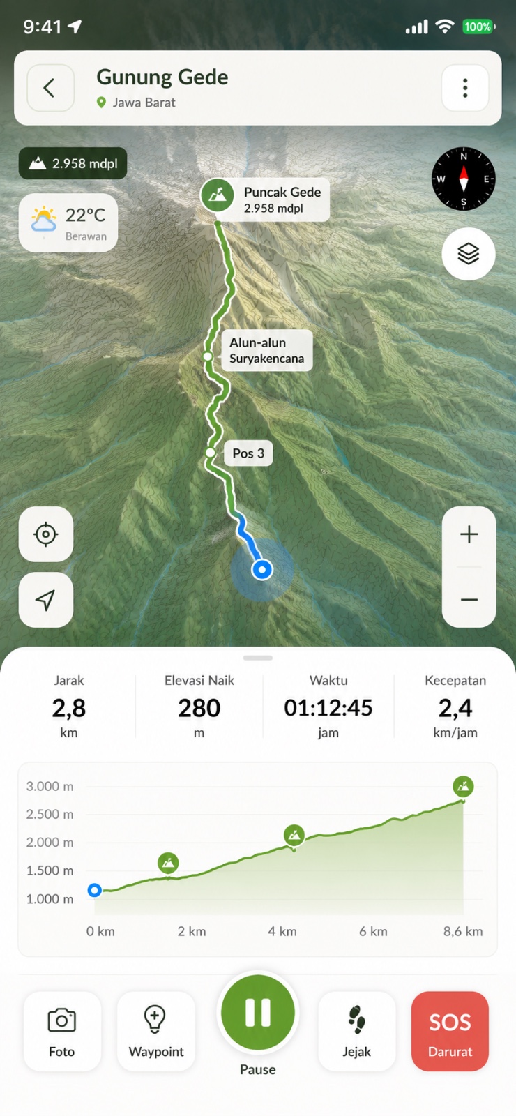 Layar tracking Onsight menampilkan jalur pendakian Gunung Gede secara real-time